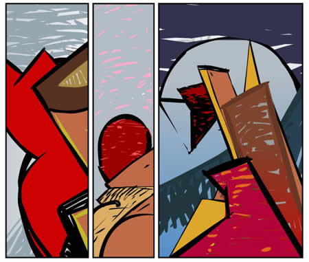 3 panels of an abstract comic