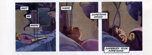 three panels of a decadent comic book, the Score