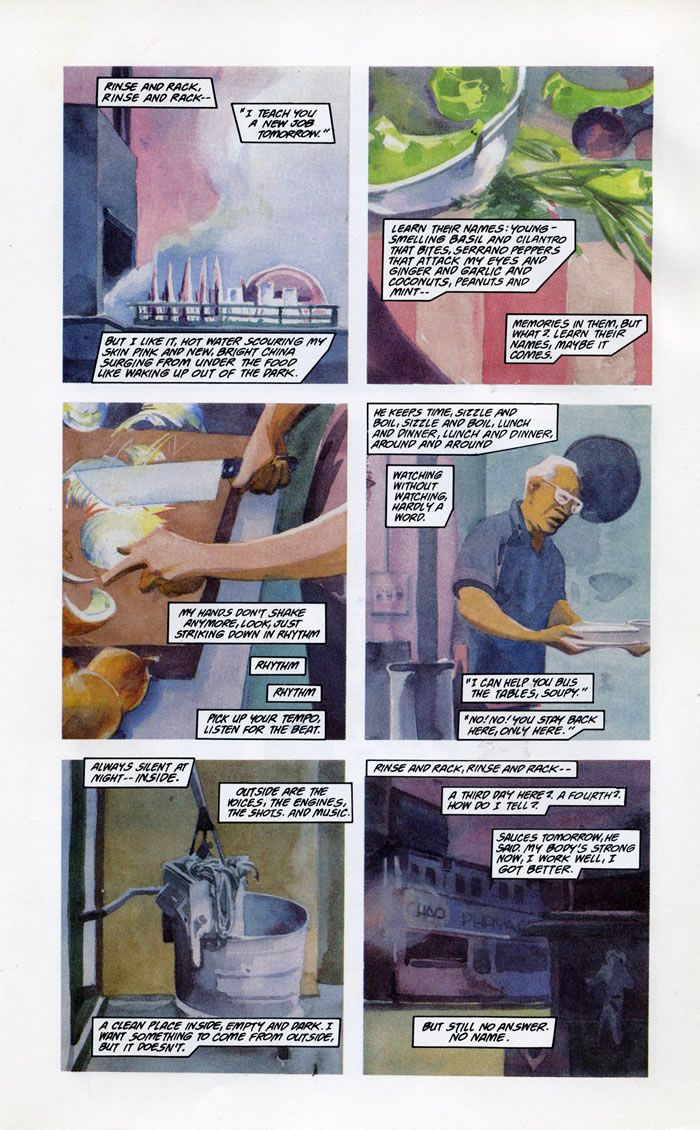 Art by Mark Badger, writing by Gerard Jones, Phillip Sand learns how to cook and clean